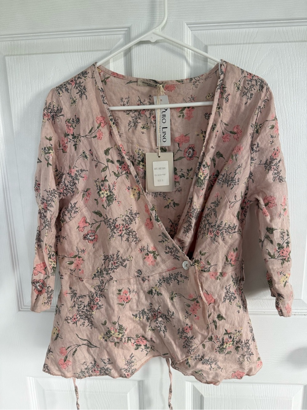 Francesca Bettini NWT 100% Linen Floral Wrap Peplum Top Cottagecore Italy S